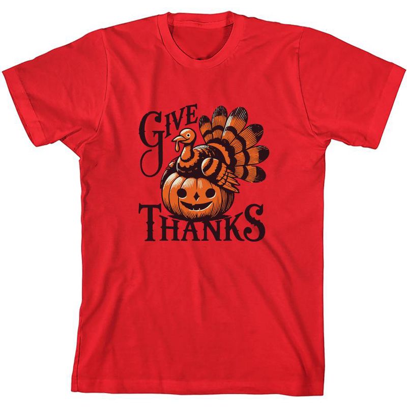 تي شيرت شبابي برقبة دائرية وأكمام قصيرة مطبوع عليه عبارة Give Thanks Turkey &amp; Pumpkin