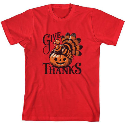 تي شيرت شبابي برقبة دائرية وأكمام قصيرة مطبوع عليه عبارة Give Thanks Turkey &amp; Pumpkin