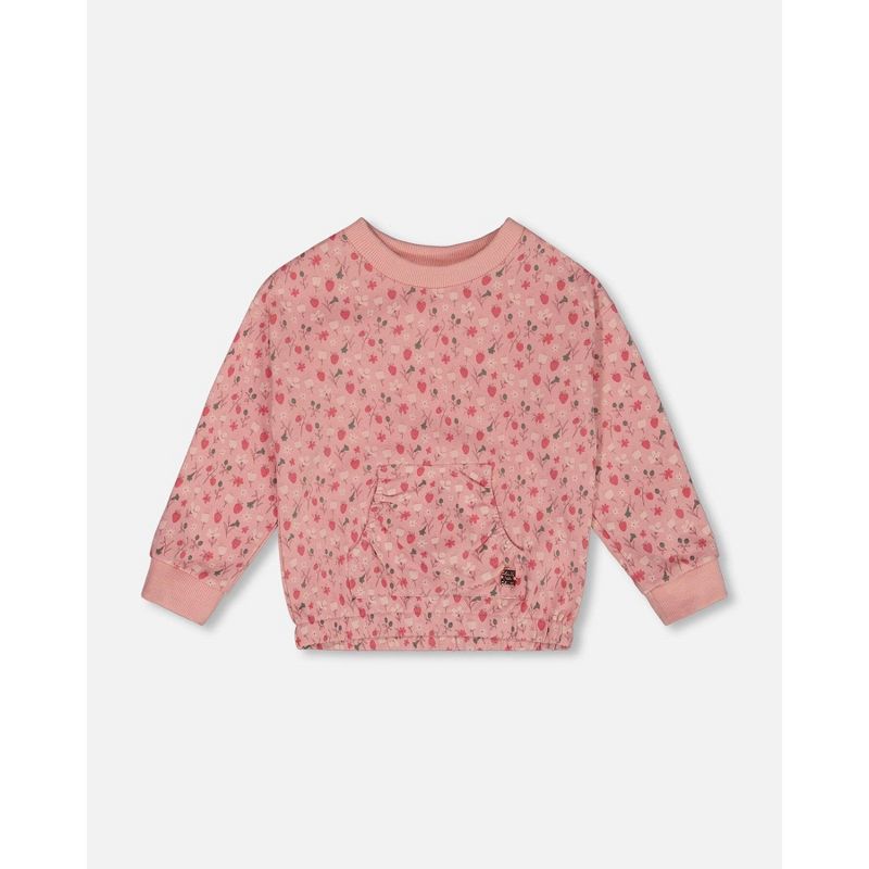 Deux par Deux Girl Printed French Terry Sweatshirt Old Pink and Flowers