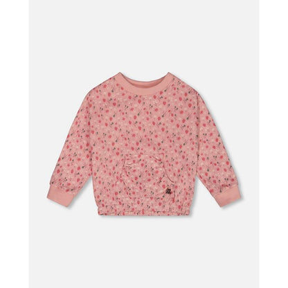 Deux par Deux Girl Printed French Terry Sweatshirt Old Pink and Flowers