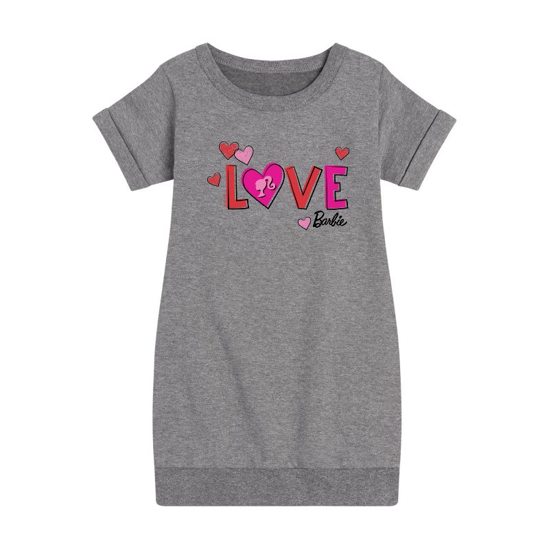 Girls' - Barbie - Patterned Love Graphic Short Sleeve Fleece Dress