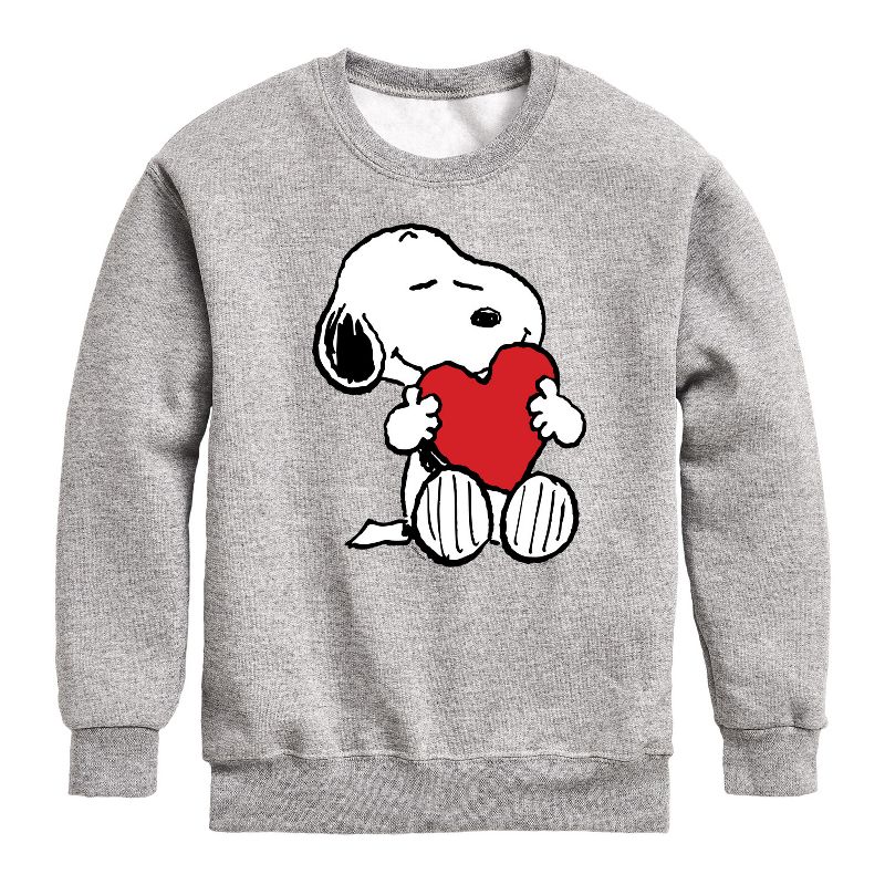 Boys' - Peanuts - Valentine's Hugging Heart Graphic Long Sleeve Fleece Sweatshirt