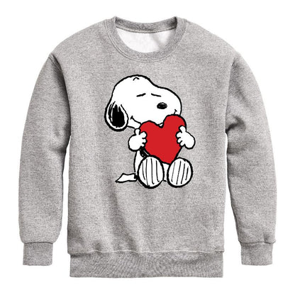 Boys' - Peanuts - Valentine's Hugging Heart Graphic Long Sleeve Fleece Sweatshirt