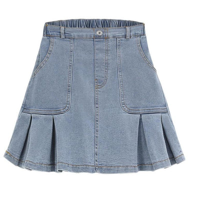 Girls Denim Skirts with Side Pockets Pleated Hem Skirts Casual Mini Denim Skirts