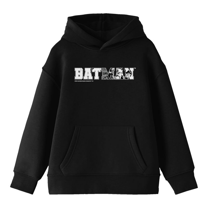 Batman Hero In Collegiate Text Long Sleeve Youth Black Hooded Sweatshirt