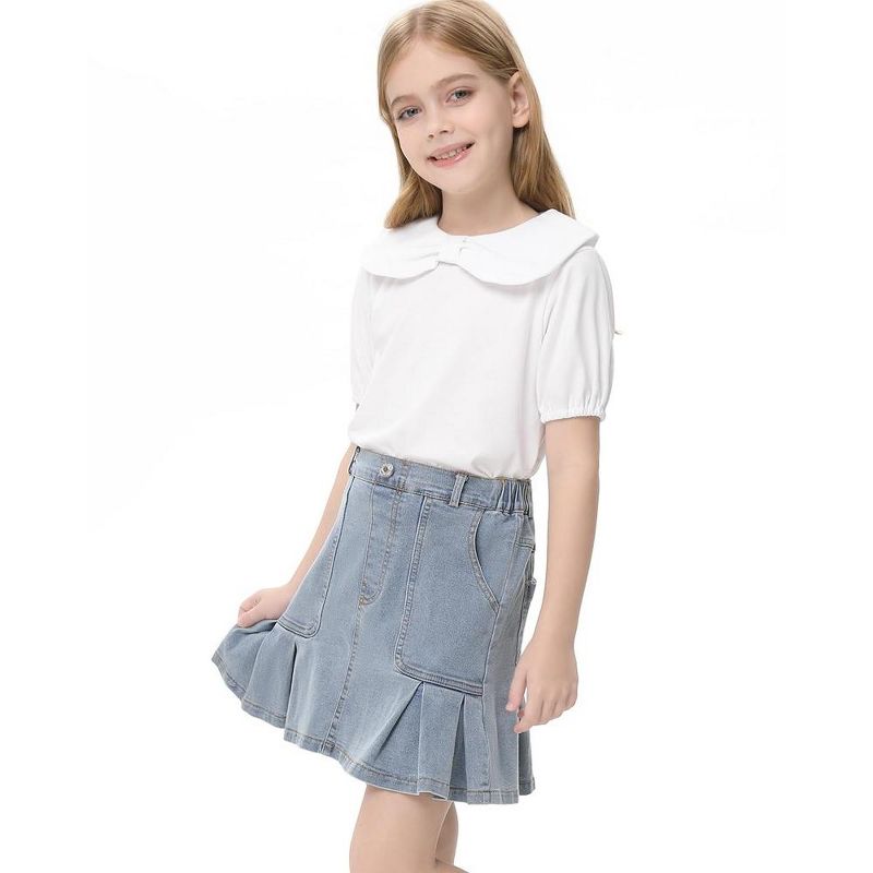 Girls Cute Tops Peter Pan Collar with Cute Bow Puff Short Sleeve Kids Fashion Shirts Summer Top Keyhole Tops Girls Blouse