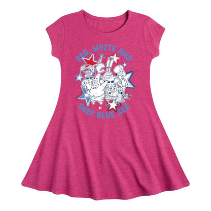 Girls' - SpongeBob SquarePants - Red, White and Deep Blue Sea Fit & Flair Cap Sleeve Dress