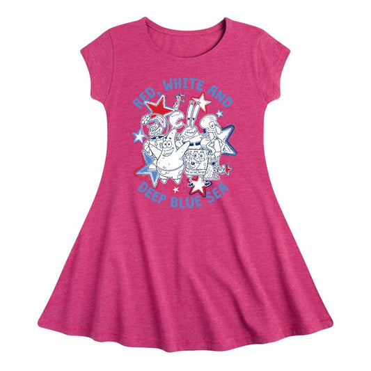 Girls' - SpongeBob SquarePants - Red, White and Deep Blue Sea Fit & Flair Cap Sleeve Dress