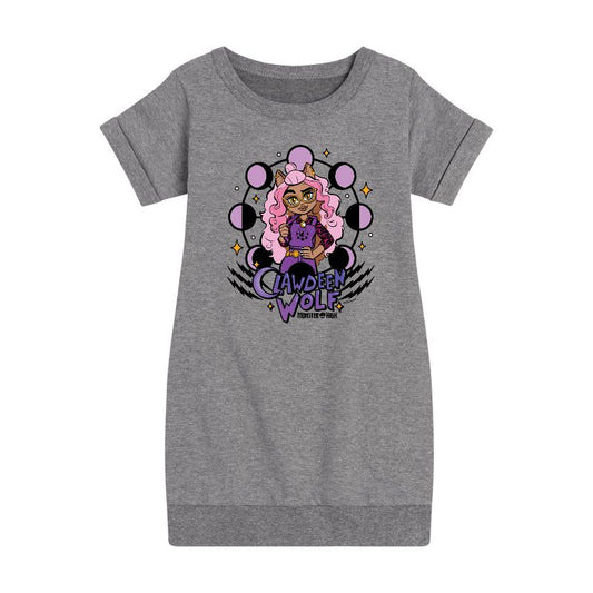 فستان كلودين صوف بأكمام قصيرة مطبوع عليه صورة الذئب ومراحل القمر للبنات من ماتيل