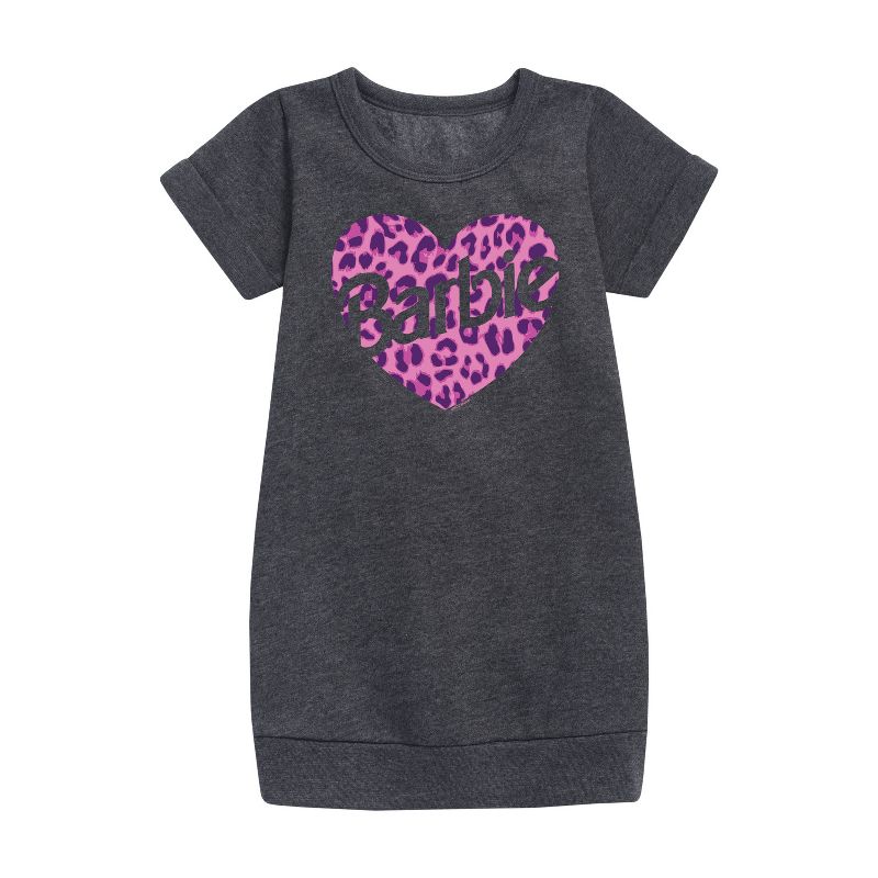 Girls' - Barbie - Leopard Heart Graphic Short Sleeve Fleece Dress