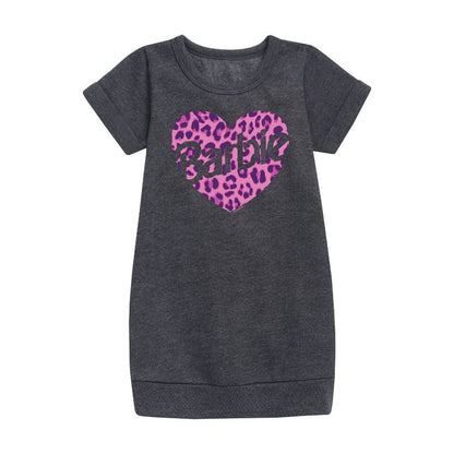 Girls' - Barbie - Leopard Heart Graphic Short Sleeve Fleece Dress