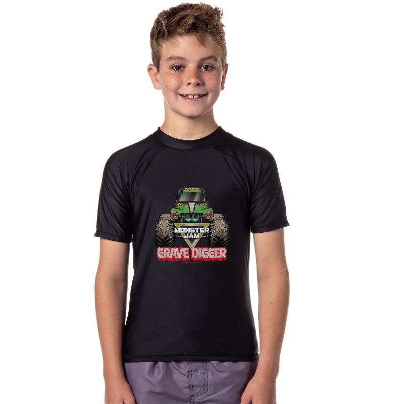 Monster Jam Grave Digger Boys' Short-Sleeve Swimsuit Rashguard Shirt Top Black