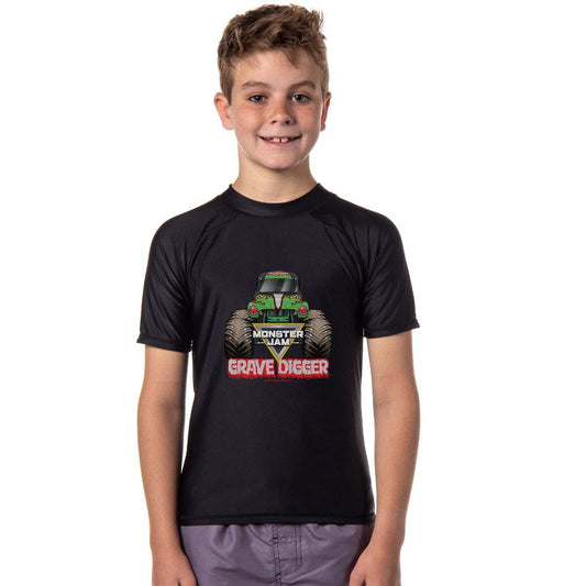 Monster Jam Grave Digger Boys' Short-Sleeve Swimsuit Rashguard Shirt Top Black
