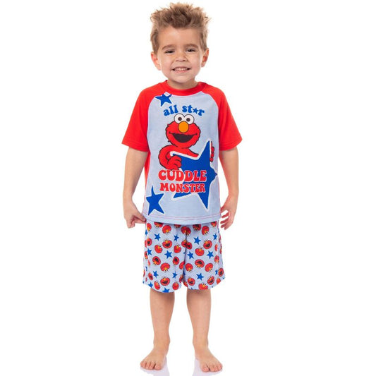 طقم بيجامة قصيرة زرقاء من Sesame Street للأولاد الصغار من Elmo All Star Cuddle Monster