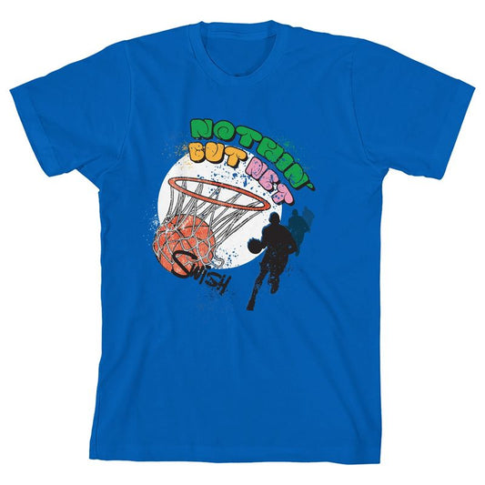 تي شيرت Basketball Swish Nothing But Net للشباب باللون الأزرق الملكي بأكمام قصيرة ورقبة دائرية