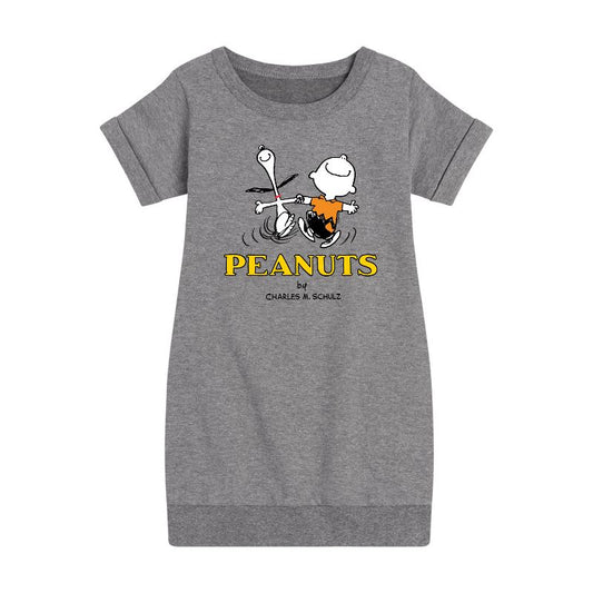 Girls' - Peanuts - Charlie Snoopy Dancing Graphic Short Sleeve Fleece Dress