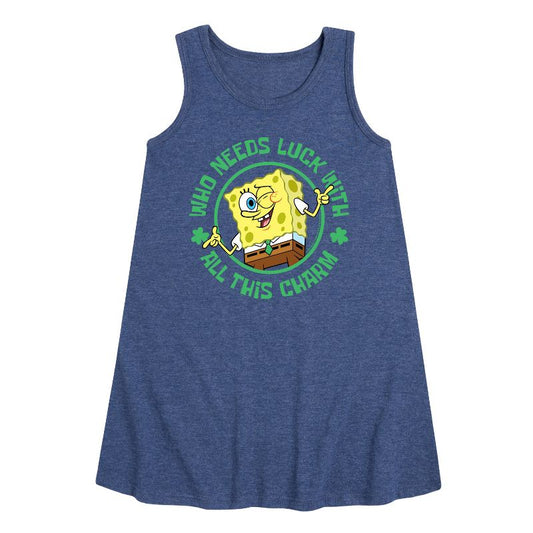 Girls' - SpongeBob Squarepants - Who Needs Luck With This Charm Graphic Sleeveless Aline Dress