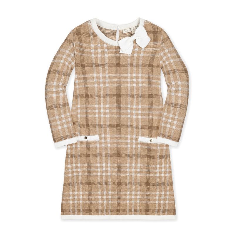 Hope & Henry Girls'  Long Sleeve Bow Detail Intarsia Sweater Dress, Kids