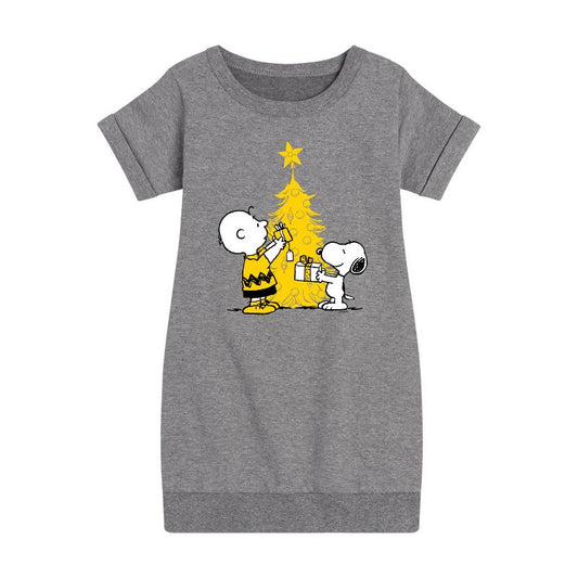 Girls' - Peanuts - Xmas Charlie And Snoopy Graphic Short Sleeve Fleece Dress