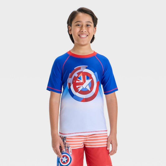 Boys' Marvel Captain America Shield Rash Guard Top - White/Blue