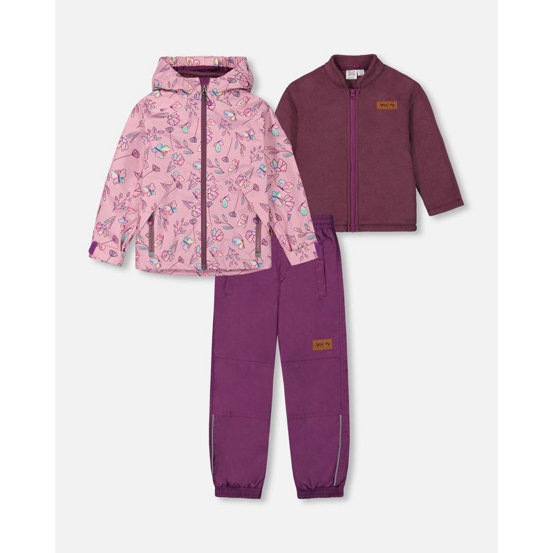 طقم ملابس خارجية 3 في 1 لفصل منتصف الموسم للفتيات مع جاكيت مطبوع عليه زهور أرجوانية وفراشة متعددة الألوان