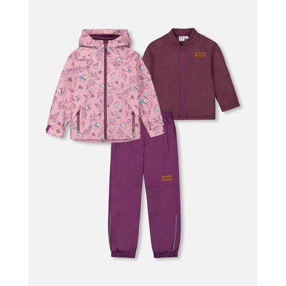 طقم ملابس خارجية 3 في 1 لفصل منتصف الموسم للفتيات مع جاكيت مطبوع عليه زهور أرجوانية وفراشة متعددة الألوان