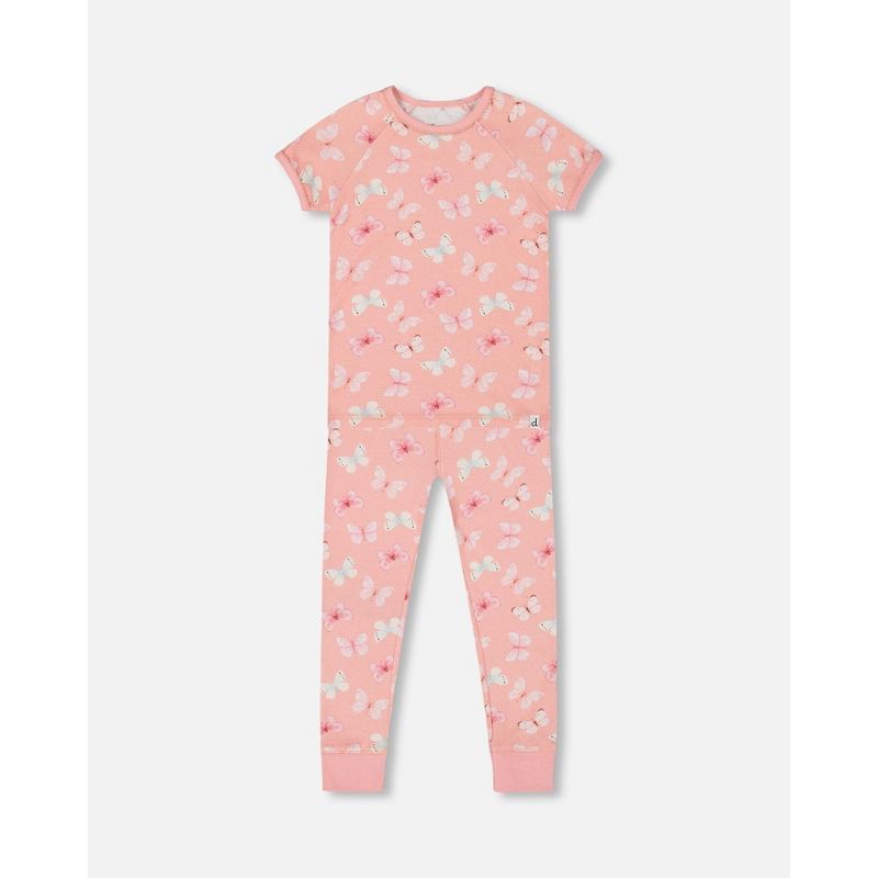Deux par Deux Girl Organic Cotton Short Sleeve Top and Pant Pajama Set Pink and Blue Butterflies on Old Pink