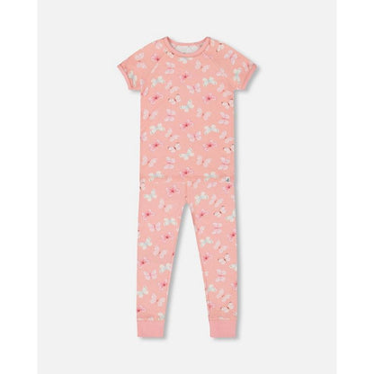 Deux par Deux Girl Organic Cotton Short Sleeve Top and Pant Pajama Set Pink and Blue Butterflies on Old Pink