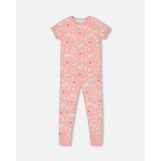 Deux par Deux Girl Organic Cotton Short Sleeve Top and Pant Pajama Set Pink and Blue Butterflies on Old Pink