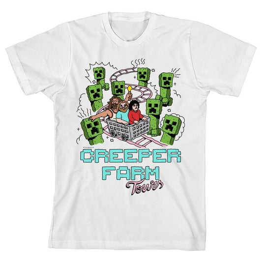 Minecraft Creeper Farm Youth White Crew Neck Short Sleeve Shirt