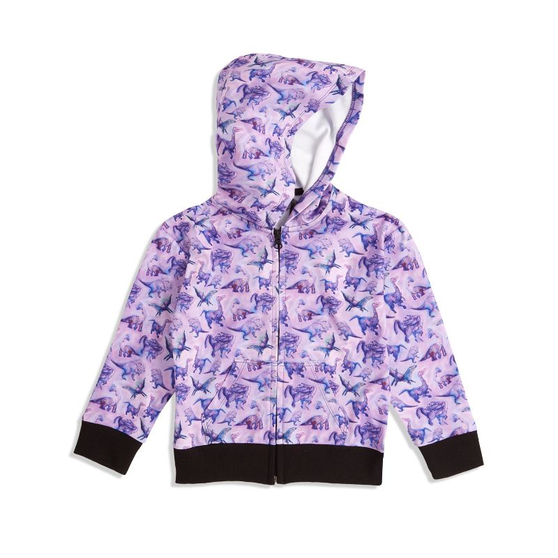هودي سوزي دينو من ذا بينك بيكيت فينس للبنات - جاكيت خفيف الوزن بسحاب - طبعة ديناصور مرسومة يدويًا