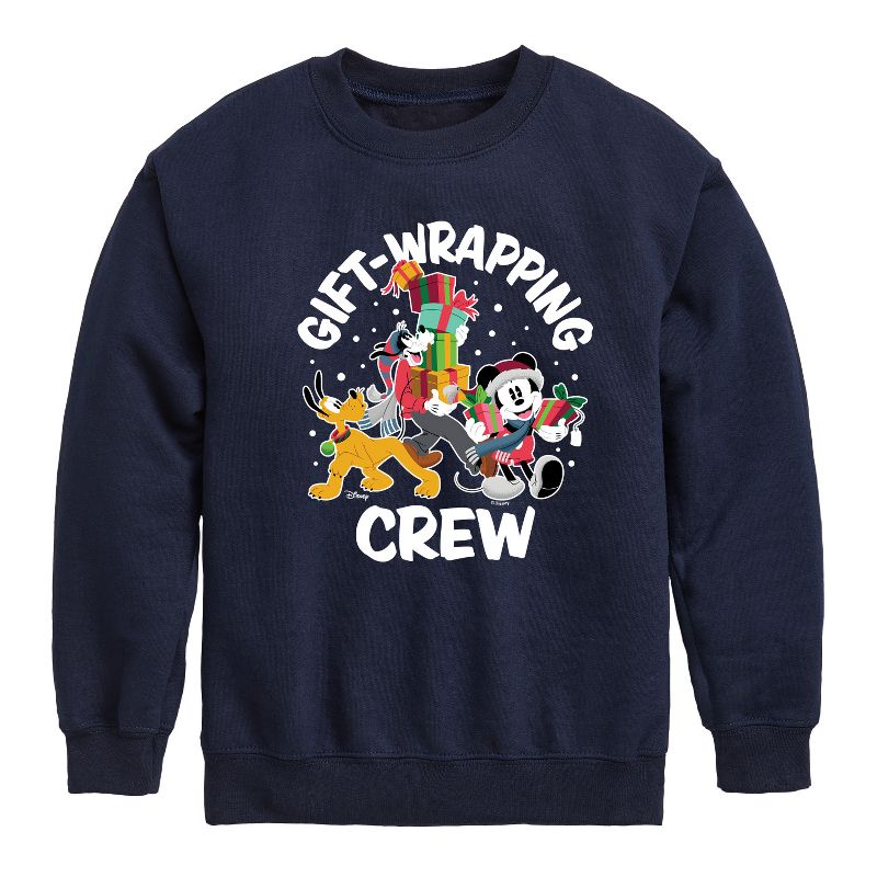 Boys' - Disney - Mickey, Pluto, & Goofy Gift Wrapping Crew Christmas Graphic Long Sleeve Fleece Sweatshirt