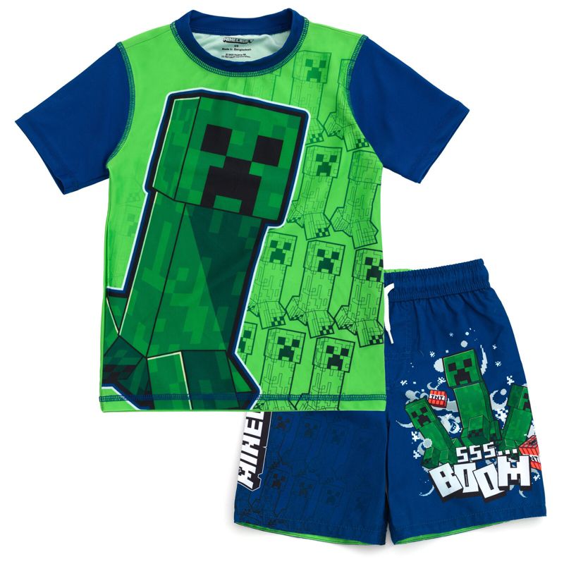 Minecraft Zombie Creeper Alex Steve Rash Guard and Swim Trunks Outfit Set Little Kid to Big Kid