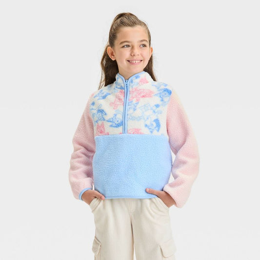 Girls' Bluey Faux Shearling Pullover Sweatshirt - Coral Pink/Light Blue/Ivory