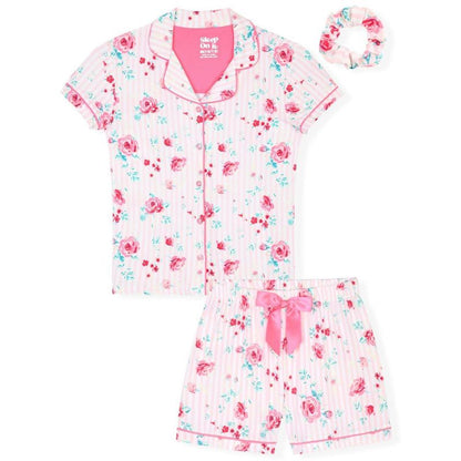 Sleep On It Girls 2-Piece Short-Sleeve Button Down Collared Coat Pajama Set with Matching Scrunchie - Toddler Pajamas to Girls Pajama Sets