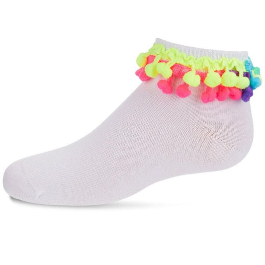 Memoi Neon Multi Pom-Pom Cotton Blend Girls Anklet Sock