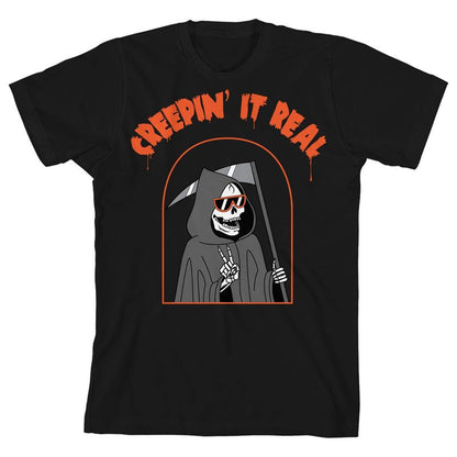Kids Halloween Peace Sign Grim Reaper Creepin' It Real Unisex Youth Black Short Sleeve Crew Neck Tee