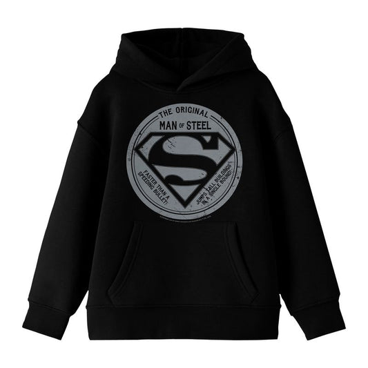 Superman The Original Man Of Steel Long Sleeve Youth Black Hooded Sweatshirt