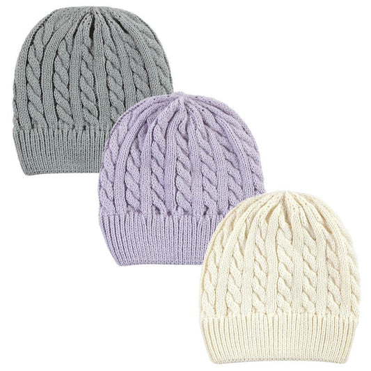 Hudson Baby Infant Girl Knit Cuffed Beanie 3pk, Lilac Cream