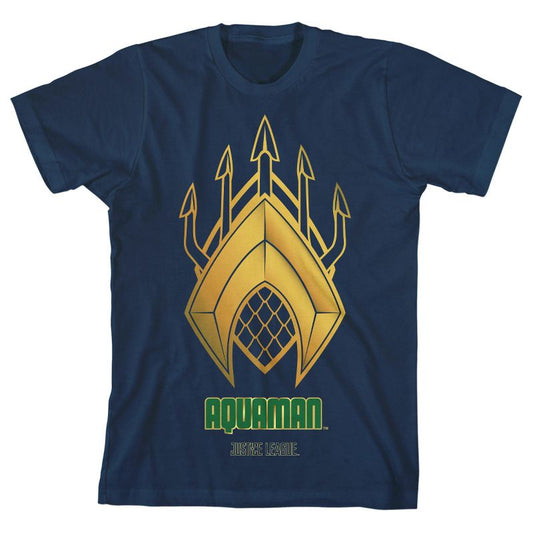 Justice League Movie Aquaman Logo and Trident Boy's Navy T-shirt