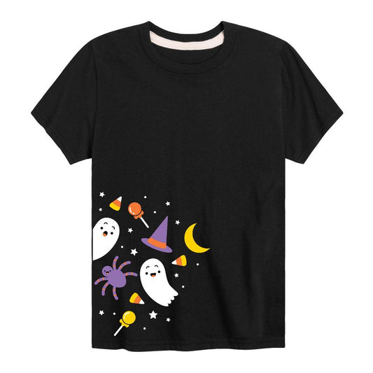 تي شيرت جرافيكي بأكمام قصيرة بتصميم أشباح عنكبوت حلوى الهالوين للأولاد - رسالة فورية