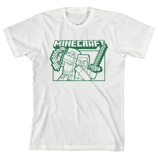 تي شيرت أبيض للشباب من ماين كرافت ستيف وأليكس مع السيف والقوس