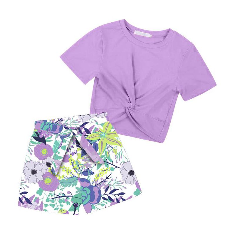 Girl's Summer 2 Piece Outfit Short Sleeve Twist Crop Top and Print Shorts Sets Cute Clothing Set 3-12Y