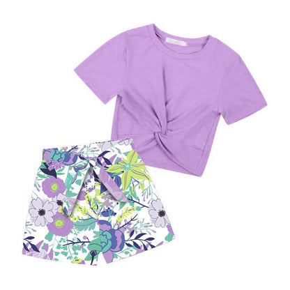 Girl's Summer 2 Piece Outfit Short Sleeve Twist Crop Top and Print Shorts Sets Cute Clothing Set 3-12Y
