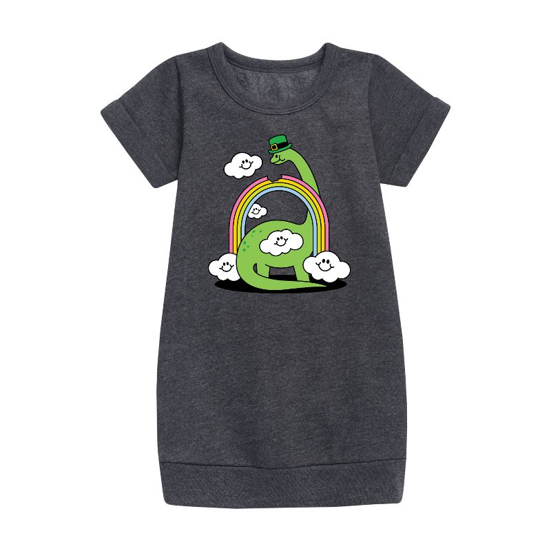 Girls' - Instant Message - St. Patrick's Day Dinosaur Eatting Rainbow Graphic Short Sleeve Fleece Dress
