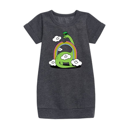 Girls' - Instant Message - St. Patrick's Day Dinosaur Eatting Rainbow Graphic Short Sleeve Fleece Dress