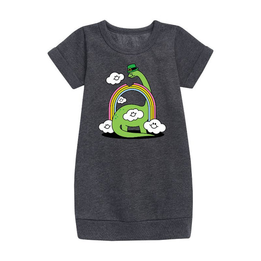 Girls' - Instant Message - St. Patrick's Day Dinosaur Eatting Rainbow Graphic Short Sleeve Fleece Dress