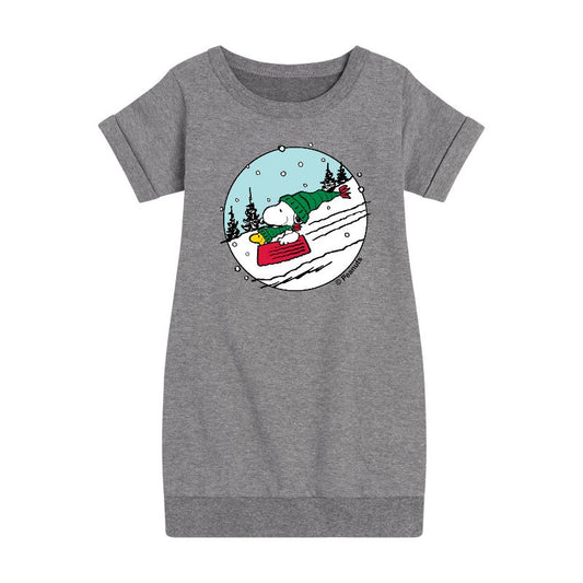 Girls' - Peanuts - Snoopy Woodstock Sled Graphic Short Sleeve Fleece Dress