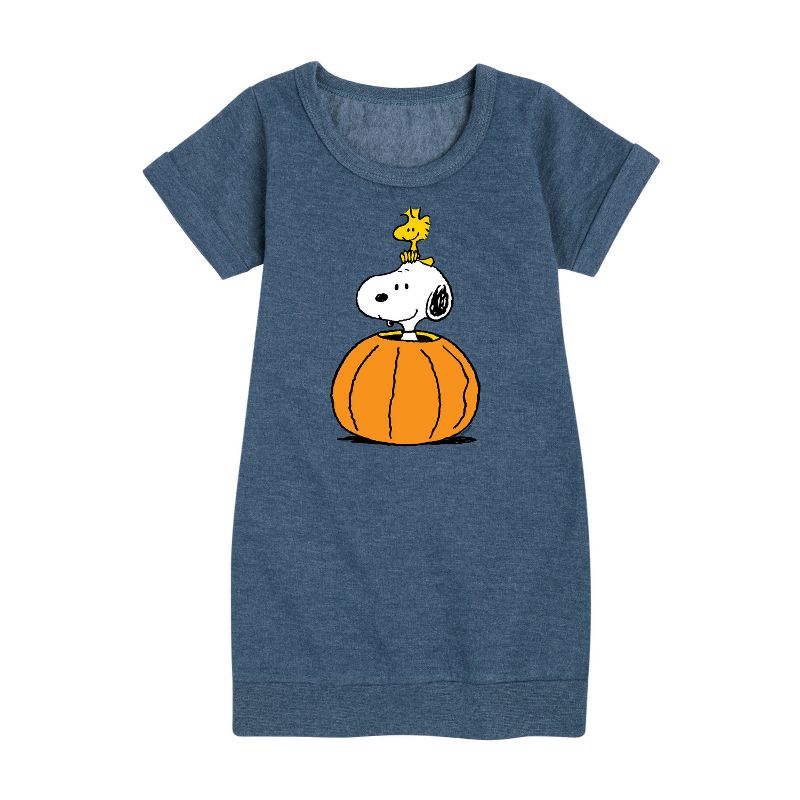 Girls' - Peanuts - Snoopy Woodstock Pumpkin Graphic Short Sleeve Fleece Dress
