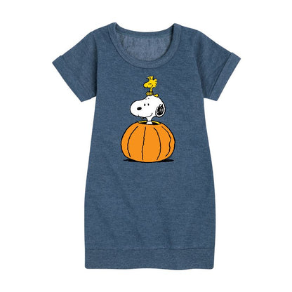Girls' - Peanuts - Snoopy Woodstock Pumpkin Graphic Short Sleeve Fleece Dress